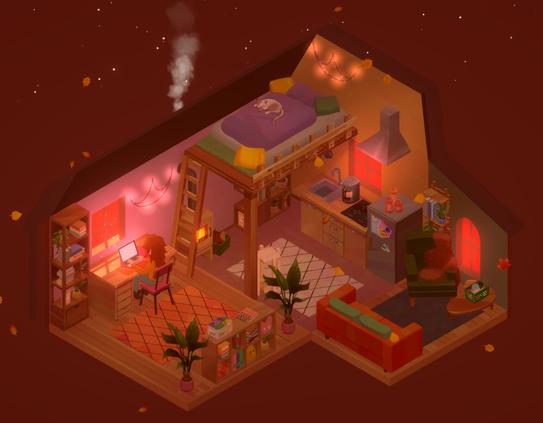 Screenshot of Virtual Cottage 2, with my Father avatar busy working away at his laptop, with autumn leaves blowing by.