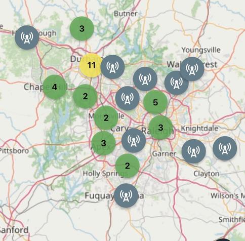 MeshCore map showing density of repeaters in the Triangle region.