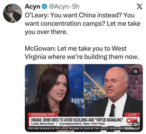 Screenshot of a CNN segment shared by Acyn. A split-screen shows commentator Lydia Moynihan on the left and Kevin O’Leary on the right during a heated exchange. The chyron reads, “Obama: Dems need to avoid scolding and ‘virtue-signaling.’” The post quotes O’Leary referencing China and concentration camps, and McGowan responding about West Virginia.