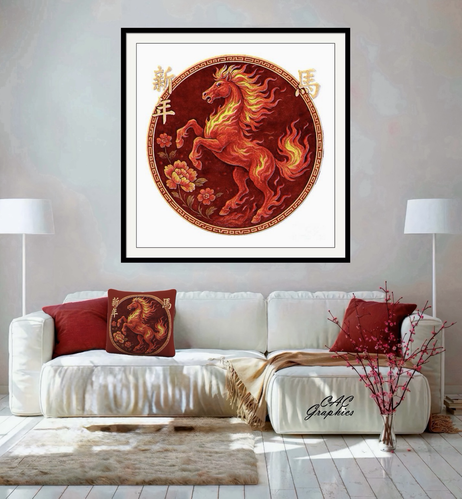 Year Of The Fire Horse- framed art & throw pillow