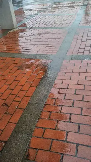 Regenwasser glänzend auf den roten Gehwegplatten
