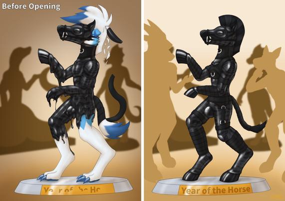 Two panel artwork of the blue Lycanroc being transformed into a display/statue for this lunar new year's Chinese zodiac sign, the horse.
The left panel shows the transforming process. Black gooey rubber flows down the Roc, engulfing him in the shiny black latex, turning him into the zebra. A mask wraps around his face, a trimmer cuts down his mane in a neat and tidy mohawk and his tail gets wrapped up in a bondage. His crotch forms into a nulge, the left hand into a hoof while the right one is indistinguishable of a horse. The gold name plate on the plinth gets the title "Year of the Horse" engraved. In the background, you can see silhouettes of more displays, a naga to the left and a lizard on the right. It has a slight vignette effect and the text "Before Opening" indicating that the transformation is happening before the gallery opens.
In the right panel, the Lycanroc is fully converted into the black rubber zebra. Sanding proud and lifting its hooves, wearing pony gear just as a harness, belts and bandages. The name is fully engraved into the golden nameplate of the plinth. The background has no vignette effect and in front of the displays' silhouettes, are brighter silhouettes indicating visitors of the now opened art gallery.