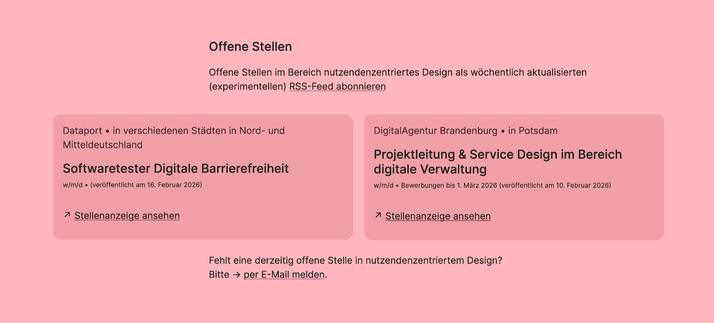 Partial screenshot of a website displaying 2 open design positions:
• Service designer and project lead in digital government in Potsdam
• Accessibility specialist in Northern Germany