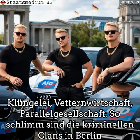 Ein Satirisches Bild: Zwei Männer mit Sonnenbrillen und Goldschmuck stehen vor zwei Autos, die ein AFD-Logo tragen. Text im Vordergrund thematisiert kriminelle Clans in Berlin.