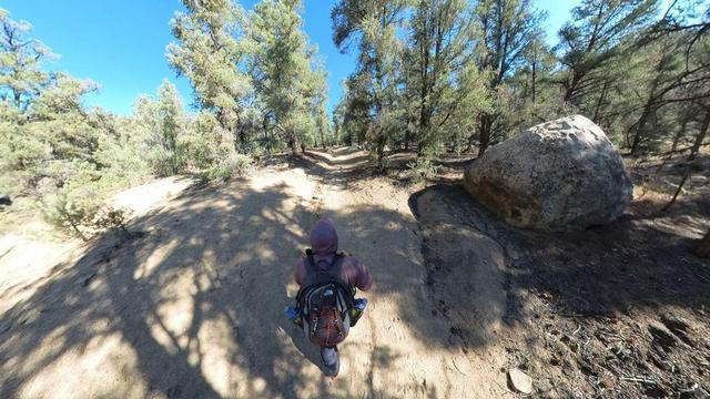 One of a series of clear-blue-sky summertime photos showing a person hiking through the South Sierra Wilderness in central California. The dry, rocky, mountainous terrain features pinyon pine and juniper woodlands, and the occasional cactus.