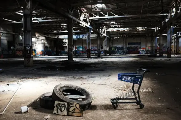 An abandoned industrial space with a large empty floor, featuring a shopping cart and a discarded tire. Graffiti covers the walls and shafts of light illuminate parts of the interior.