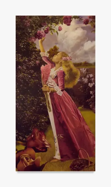 A girl who appears to be of mixed race wears a long red gown with white accents. She is barefoot, in an outdoor rose garden, reaching up for a flower to add to the bouquet she holds in her other hand.