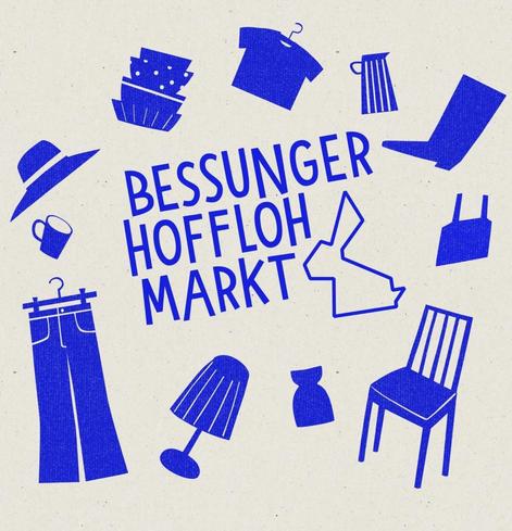 Flyermotiv zum Bessunger Hofflohmarkt. Es zeigt diverse gemalte Gegenstände, die bei einem Flohmarkt verkauft werden könnten sowie den Schriftzug „BESSUNGER HOFFLOHMARKT“