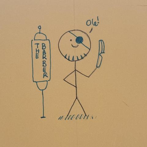 Dibujo de muñeco palo en negro con una cuchilla de afeitar un parche en azul y al lado un poste de una barbería con el texto «The Barber». Al lado aparece un texto que dice «olé!»