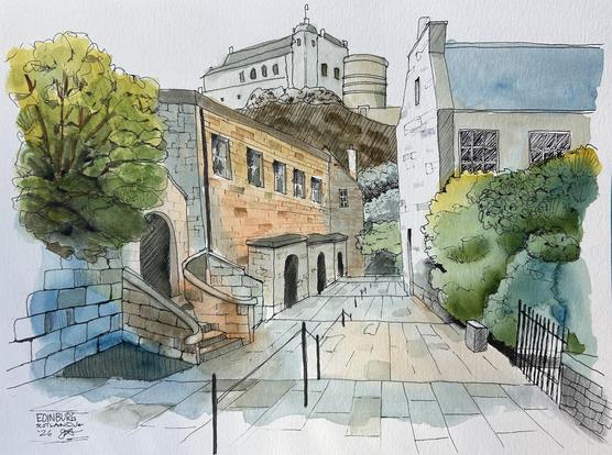 Sketch of a close looking up at Edinburgh castle.