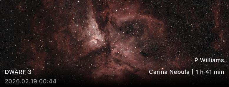 A red cloud formation with same dark areas separating it into 2 halves. 1 hr 41 min of images stacked using dual band filter on my DWARF 3.