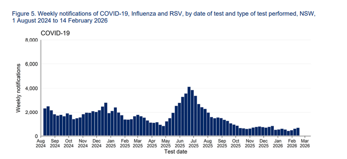 Bar chart showing weekly COVID-19 notifications in NSW by test date from August 2024 to February 2026. Notifications were moderate in late 2024, declined in early 2025, then rose sharply to a peak around June–July 2025 before steadily falling through late 2025. Levels remained low to moderate into early 2026.