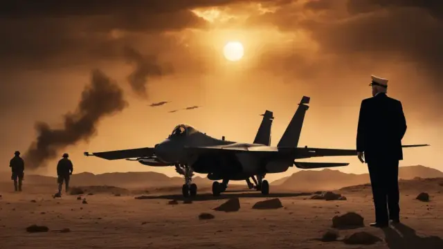 Trump’s broken promise on war with Iran illustrated by a U.S. fighter jet on a desert runway at sunset, military aircraft flying overhead, smoke rising in the distance, and a silhouetted figure in a military-style cap observing the scene.