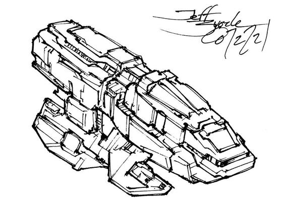 Black and white line art sketch of an imaginative sci fi spaceship. Each one is very different. Blocky shuttle type ship with some odd fin projections on the underside.