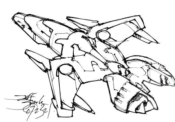 Black and white line art sketch of an imaginative sci fi spaceship. Each one is very different.  Swoopy, sexy, curvy swing-wing space bomber with a bulbous split tail design.