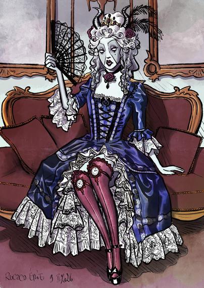 An illustration of a leonine sits elegantly on a couch, wearing a blue rococo-style dress adorned with lace and frills. She holds a fan in one hand and has a crown with horns atop her elaborate hairstyle. Her stockings are pink with clock motifs