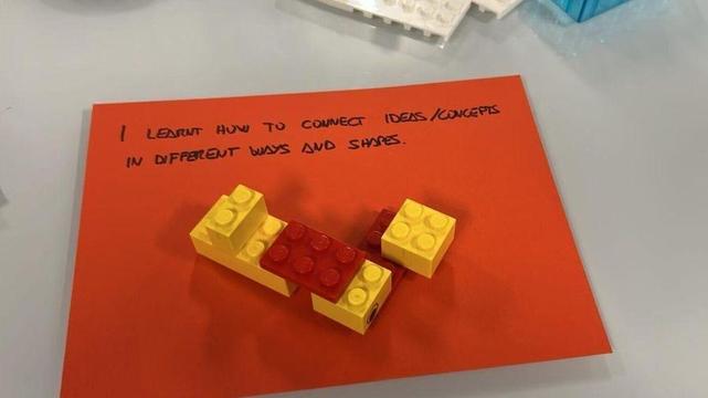 red and yellow LEGOs on a piece of paper on which is written "I learnt how to connect ideas/concepts in different ways and shapes"
