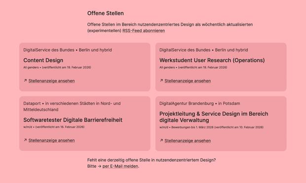 Partial screenshot of a website displaying 4 open design positions:
• Content design role in Berlin
• User research ops working student in Berlin
• Service designer and project lead in digital government in Potsdam
• Accessibility specialist in Northern Germany