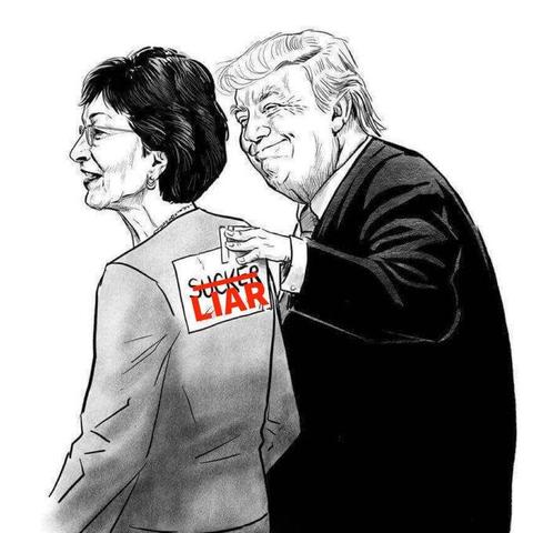 Cartoon: Donald Trump taping a "sucker" sign on Susan Collins's back.  Sucker has been crossed out and replaced with "LIAR."