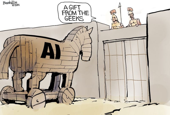 A comic illustration of a Trojan horse placed in front of fortress gates. There are big black letters on the side of the horse 'AI". The soldiers above the gates look at it and comment "A gift from the geeks"