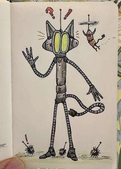 Ink and color pencils drawing of a surprised little gremlin that had suddenly found himself turned into a robot.