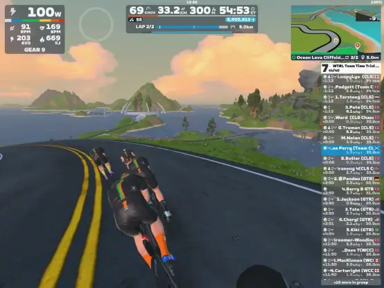 Riders avatars in a line with view down to the ocean below, and islands beyond - from Zwift