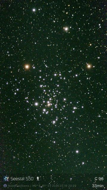 A star cluster - C96 the southern beehive cluster or diamond cluster. 
3 bright yellow stars in a triangle with a cluster of white stars below. Watermark on the image:
Seestar S50
115º E, 81° S/ 2026.02.19 23:29
C 96
33min