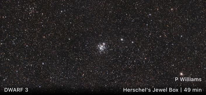 Very dense star field with a bright cluster of stars in the centre, the Jewel Box. 
Watermark:DWARF 3
P Williams
Herschel's Jewel Boy | 49 min
