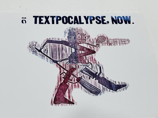 Photo of a letterpress print on white paper with blue and red inks quartered over an image of a marching historical automaton armed with broom, saying "I come, I come!". The whole has a vertical bamboo woodgrain, like rain