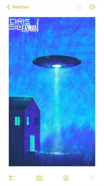 A clear evening. The sky is an indigo blue, and clear, except for a large black flying saucer hovering overhead. A greenish-white beam of light extends from the underside of the saucer to the ground. The saucer is hovering over a house. The door to the house is open, green light spilling onto the grass, but no one is visible. Several of the windows are also lit with greenish light. In the background is a purple blur of trees. The painting is signed "Chris Silverman".