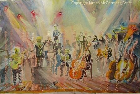 Jazz Symphonic Orchestra.
G.

Jazz Symphonic Orchestra of Sao Paulo
Orquestra Jazz Sinfonica de Sao Paulo
Sketches done live during a concert, watercolour completed later.