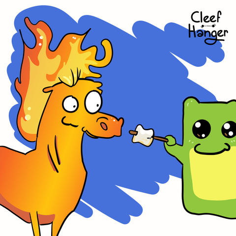 Froggelio acercando un marsmallow al caballo de fuego para zampar.