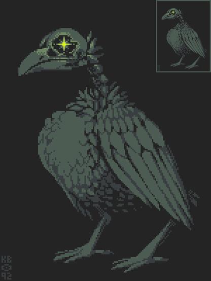 Pixel art of a bird that has its neck and head bare boned, the eyesocket has a bright light coming out of it