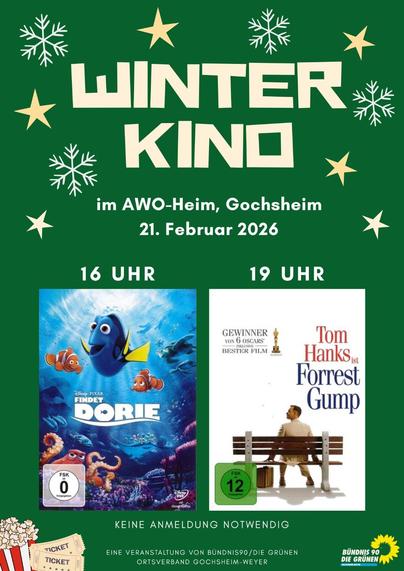 Winterkino im AWO-Heim Gochsheim
21. Februar 2026
16 Uhr Findet Dorie
19 Uhr Forrest Gump
Keine Anmeldung notwendig