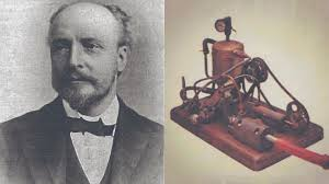 Composición de dos imágenes antiguas. A la izquierda, un retrato en tono sepia de un hombre con barba y bigote, vestido con traje y pajarita oscura. A la derecha, la fotografía de un prototipo de motor pequeño de metal sobre una base de madera, con poleas, tubos y un pequeño tanque. 
Joseph Mortimer Granville y el primer vibrador.