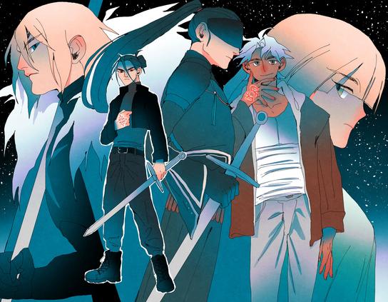 digital drawing showing Dimitri, Felix, Sylvain and Ingrid set in a Fate Zero inspired universe.

From left to right
Dimitri in his original fe3h outfit, a young man with pale skin, shoulder long blonde hair and a blue cape with white and black fur. Right next to him a fullbody drawing of Felix, a young man with pale skin and long dark hair put into a messy bun. Hes wearing all dark clothes and is holding a sword.
Next to him drawn bigger is an aged up Felix with a long ponytail and dark blue robes. He has his eyes covered with a black mask and he is also holding a sword. Next to him is Sylvain, a young man with tanned skin and white messy hair. Hes wearing a white top, brown leather jacket atop a grey hoodie and blue jeans. And Next to him is a close up bust shot of ingrid, a young woman with long blonde hair and pale skin wearing a turqoise shirt.