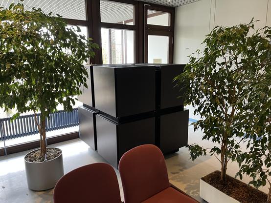 In einem Gebäude steht hinter zwei Bäumen in Kübeln und zwei Stühlen vor einem Fenster eine Connection Machine, ein früherer Supercomputer, der aus aus acht aneinandergesetzten schwarzen Würfeln besteht.