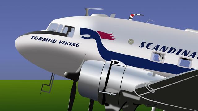 Illustration of Daisy, a DC-3 aircraft. The plane is painted in the classic SAS style. Close-up of the cockpit until row 2 seating. Louise Brooks is seated in 1A.