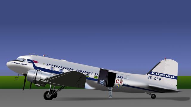 Illustration of Daisy, a DC-3 aircraft based in Sweden since 1957. The plane is painted in the classic SAS style. Full side-view of the aircraft, the door is open and the ladder is lowered for entry.
