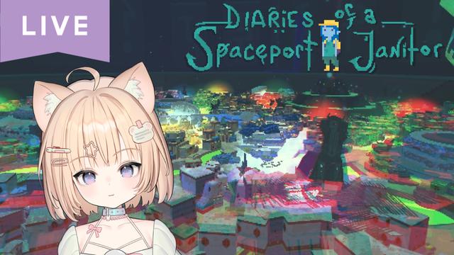a live thumbnail for miraclemarble's Diaries of a Spaceport Janitor stream. marble's vtuber avatar sits in the lower left beneath a dull lavender banner in the upper left corner with white text reading 'LIVE'. the background is a distorted, low-poly cityscape at night. in the upper right of the image is the game's logo, which is in teal handwritten text reading 'Diaries of a Spaceport Janitor'. between 'Spaceport' and 'Janitor' is the player character, a blue-skinned individual rendered in a simple pixel sprite.