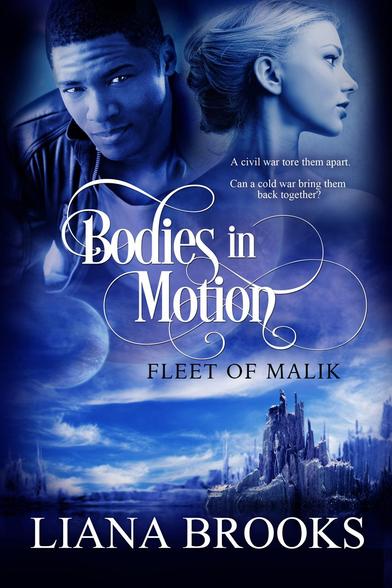 Cover art for Bodies In Motion - it's mostly blue, white, and black, has the profiles of an dark-skinned man and a fair-skinned woman floating above a rocky terrain.