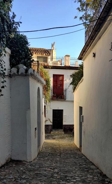 Una calle del Albaycin. El sol ya está bajo y sus últimos rayos se cuelan por las esquinas. Al fondo de la calle hay una casa con una puerta verde y un balcón rojo. Hay vegetación saliendo sobre los muros de las casas.