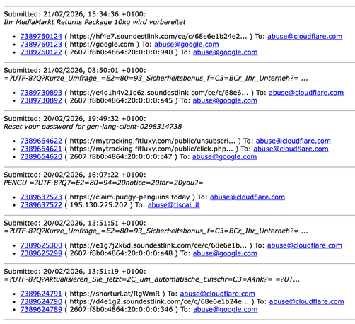 Screenshot showing some of the phishing/spam reports I have sent in the past 48 hours. Almost all of them use Google mail servers and hide their phishing sites behind Cloudflare.