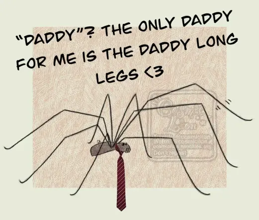 Digital doodle of a cellar spider. It is wearing a striped red tie, which is just a stock photo pasted over it. There is some text above it that says ""Daddy"? The only daddy for me is the daddy long legs" with a text heart emoji. The background is light grey with a light brown square with a scribbly pattern in the middle.