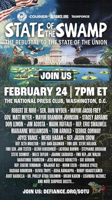 Promotional graphic for an event titled "State of the Swamp: The Rebuttal to the State of the Union," featuring various speakers, including Robert De Niro, Sen. Ron Wyden, and Marianne Williamson. Scheduled for February 24.