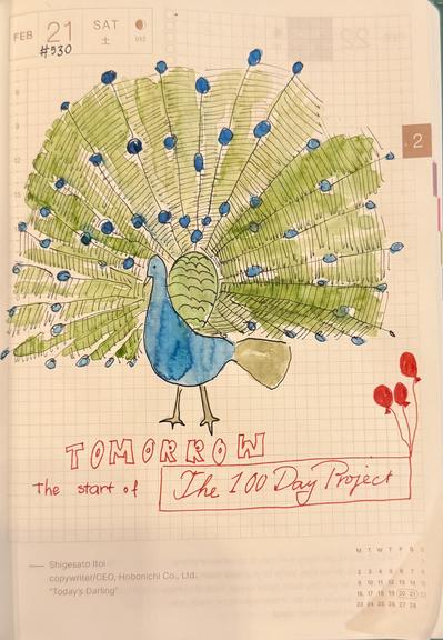 Drawing of a peacock on today's page of the Cousing daily dated Hobonichi. Some text beneath the peacock saying: "Tomorrow, the start of The100DayProject"