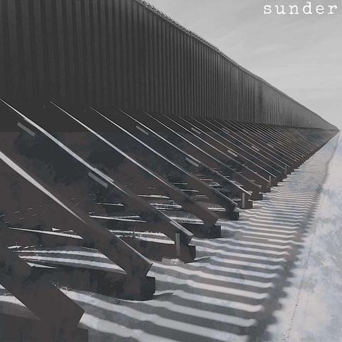 Cover of Mariel Roberts Musa's New Focus Recordings album "Sunder", featuring a monochrome photo of an imposing wall with supports jutting out from it, converging to a dot at the horizon.