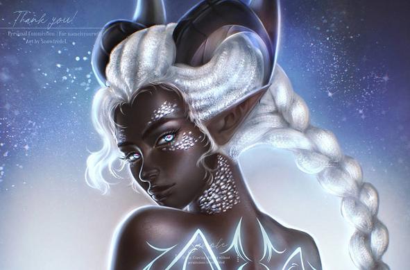 bust cut version of the demon oc (original character) girl POC character ,she's displaying her back, she's turning her face to the audience, she has silver long textured hair, done in a braided hairstyle, and a big pair of demon horns on her head, and full demonic glowing tattoo on her back, the commissioner is Nameisyourwill on Vgen, art by Snowfredel on Vgen 
The art is requested in an illustration (full colored fine+ painterly) tier service

#dndart #artsky #fantasy colored skin character #ttrpg #snowfredelart