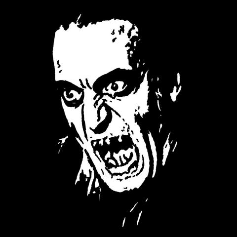 Pen drawing of a zombie sneering drawn on a black background.