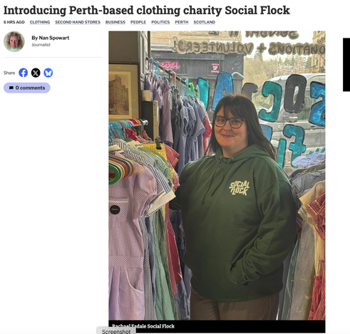 From the article. A photograph of Rachel Eskdale in a Social Flock hoody and the text ‘Introducing Perth-based clothing charity Social Flock’
